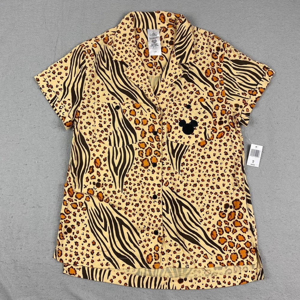 Disney Parks womens top XS Animal Kingdom Tie Front Button Down cheetah leopard